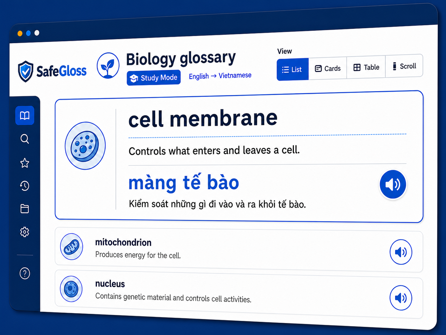 Angled SafeGloss List view with current branding, a collapsed sidebar, bilingual definitions, and audio playback controls